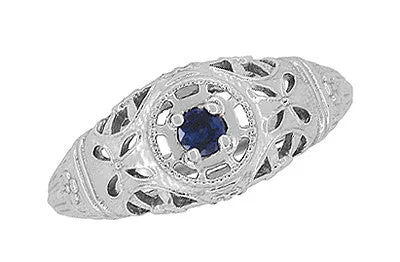 Art Deco 1920's Low Dome Filigree Blue Sapphire Ring in 14 Karat White Gold