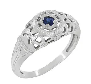 Art Deco 1920's Low Dome Filigree Blue Sapphire Ring in 14 Karat White Gold