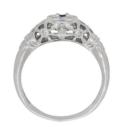 Art Deco 1920's Low Dome Filigree Blue Sapphire Ring in 14 Karat White Gold