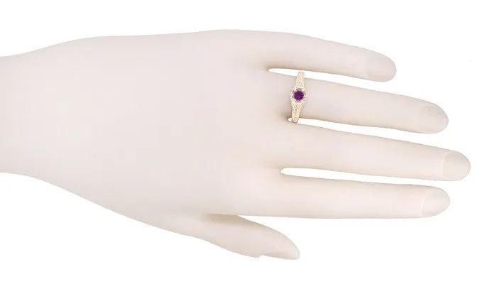 Art Deco Amethyst and Diamond Filigree Engraved Engagement Ring in 14 Karat Rose Gold