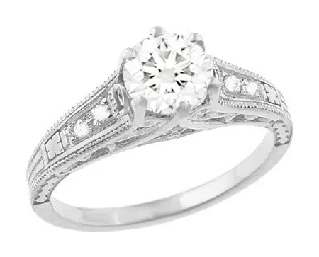 Art Deco Antique Style 3/4 Carat Diamond Filigree Engagement Ring in 14 Karat White Gold