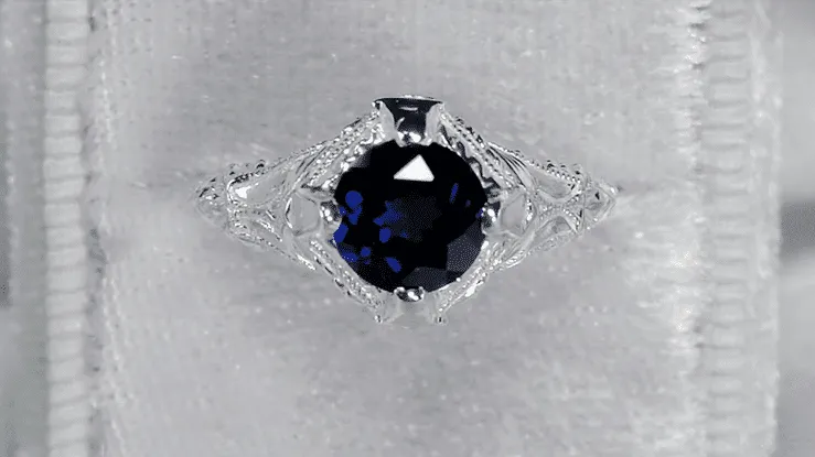 Art Deco Blue Sapphire Promise Ring with Engraved Filigree in Sterling Silver