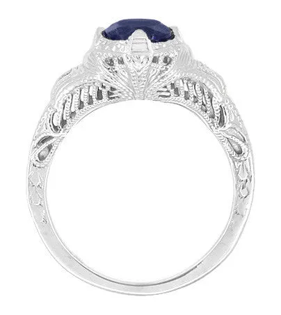 Art Deco Blue Sapphire Promise Ring with Engraved Filigree in Sterling Silver