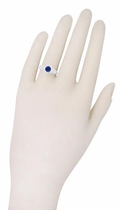 Art Deco Blue Sapphire Promise Ring with Engraved Filigree in Sterling Silver