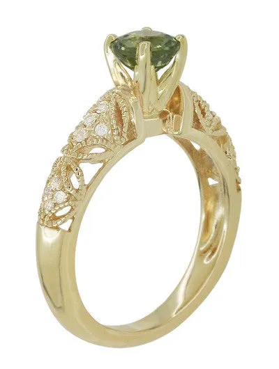 Art Deco Charlene Filigree Green Sapphire Engagement Ring in 14 Karat Yellow Gold with Side Diamonds