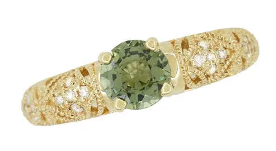 Art Deco Charlene Filigree Green Sapphire Engagement Ring in 14 Karat Yellow Gold with Side Diamonds