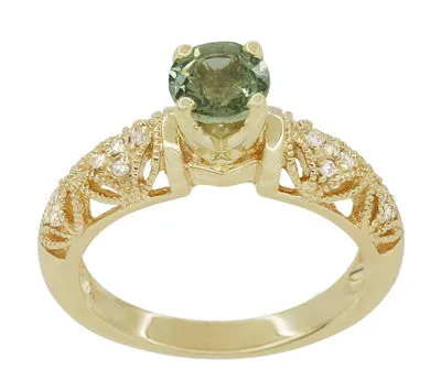Art Deco Charlene Filigree Green Sapphire Engagement Ring in 14 Karat Yellow Gold with Side Diamonds