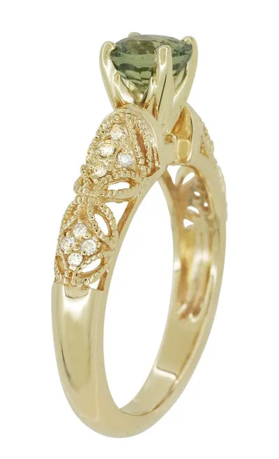Art Deco Charlene Filigree Green Sapphire Engagement Ring in 14 Karat Yellow Gold with Side Diamonds