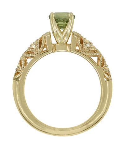 Art Deco Charlene Filigree Green Sapphire Engagement Ring in 14 Karat Yellow Gold with Side Diamonds