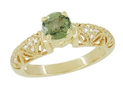 Art Deco Charlene Filigree Green Sapphire Engagement Ring in 14 Karat Yellow Gold with Side Diamonds