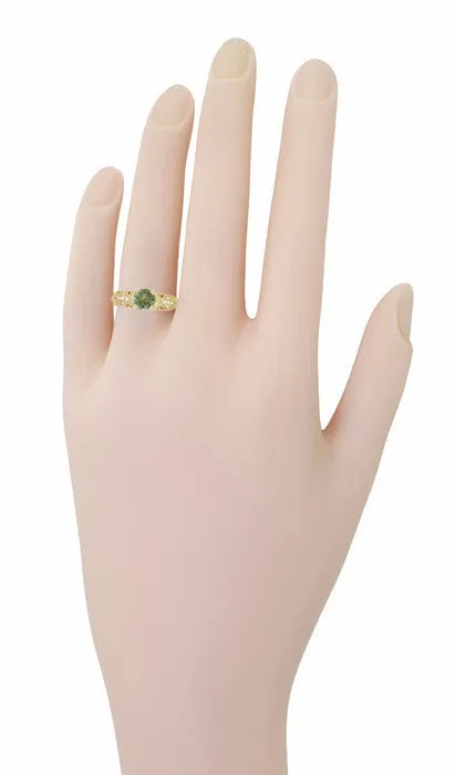 Art Deco Charlene Filigree Green Sapphire Engagement Ring in 14 Karat Yellow Gold with Side Diamonds