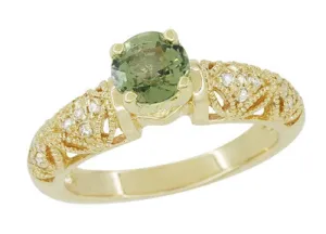 Art Deco Charlene Filigree Green Sapphire Engagement Ring in 14 Karat Yellow Gold with Side Diamonds