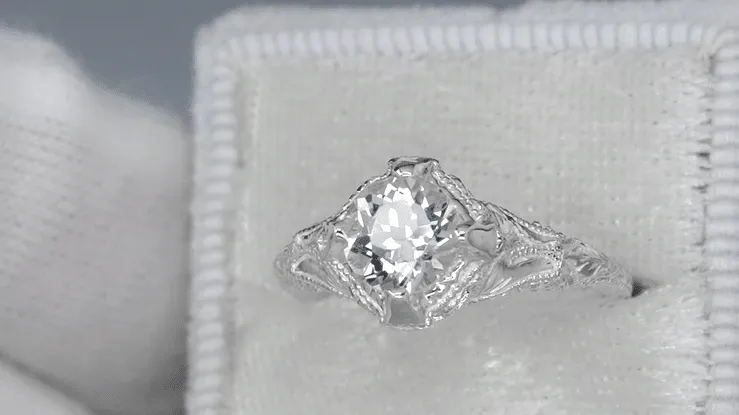 Art Deco Cubic Zirconia ( CZ ) Engraved Filigree Promise Ring in Sterling Silver