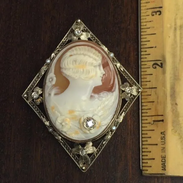 Art Deco Diamond Cameo Pendant  Brooch