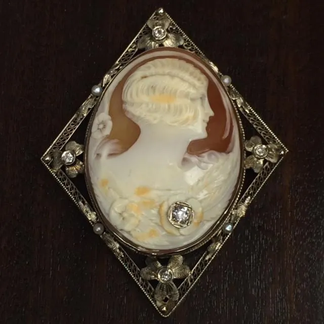 Art Deco Diamond Cameo Pendant  Brooch