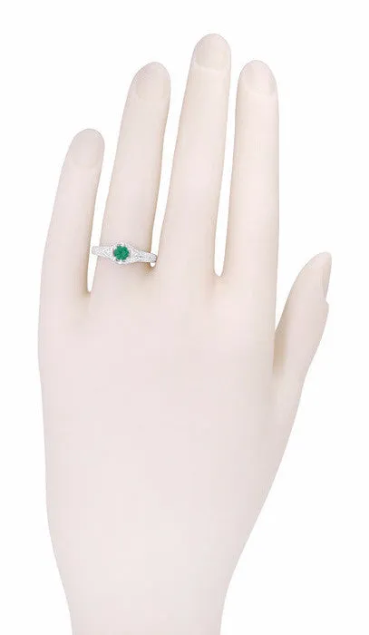 Art Deco Emerald and Diamond Filigree Engraved Engagement Ring in Platinum