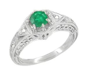 Art Deco Emerald and Diamond Filigree Engraved Engagement Ring in Platinum