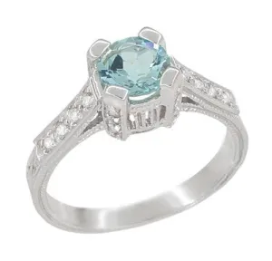 Art Deco Engraved Citadel 1 Carat Aquamarine Engagement Ring in Platinum