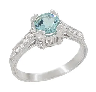 Art Deco Engraved Citadel 1 Carat Aquamarine Engagement Ring in Platinum