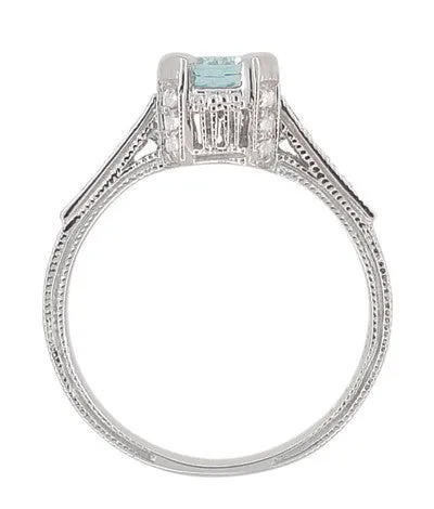 Art Deco Engraved Citadel 1 Carat Aquamarine Engagement Ring in Platinum