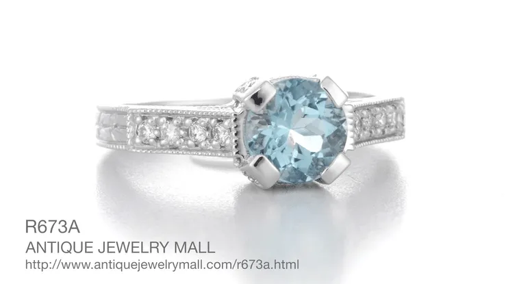 Art Deco Engraved Citadel 1 Carat Aquamarine Engagement Ring in Platinum