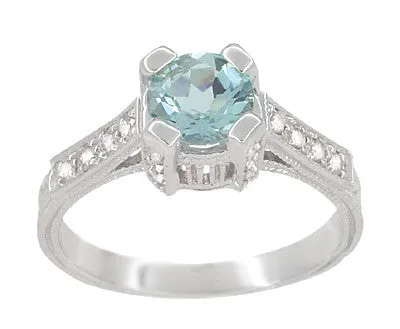 Art Deco Engraved Citadel 1 Carat Aquamarine Engagement Ring in Platinum