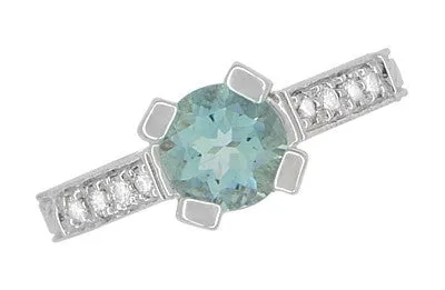 Art Deco Engraved Citadel 1 Carat Aquamarine Engagement Ring in Platinum