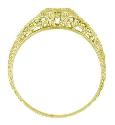 Art Deco Engraved Filigree Diamond Engagement Ring with Side Rubies in Yellow Gold