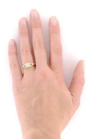 Art Deco Engraved Filigree Diamond Engagement Ring with Side Rubies in Yellow Gold