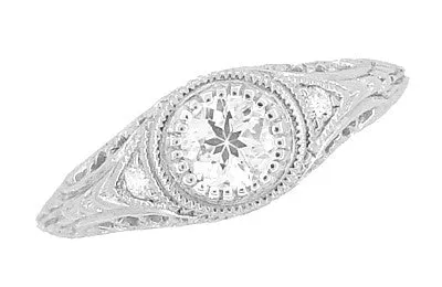Art Deco Engraved Filigree White Sapphire Engagement Ring in Platinum