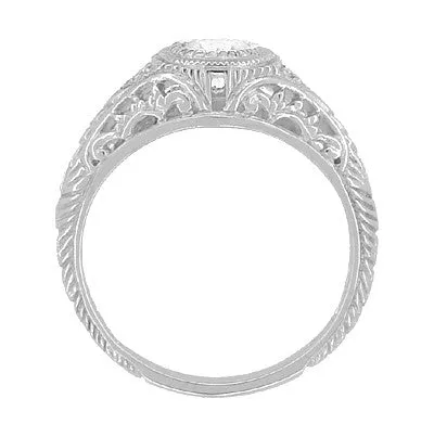 Art Deco Engraved Filigree White Sapphire Engagement Ring in Platinum
