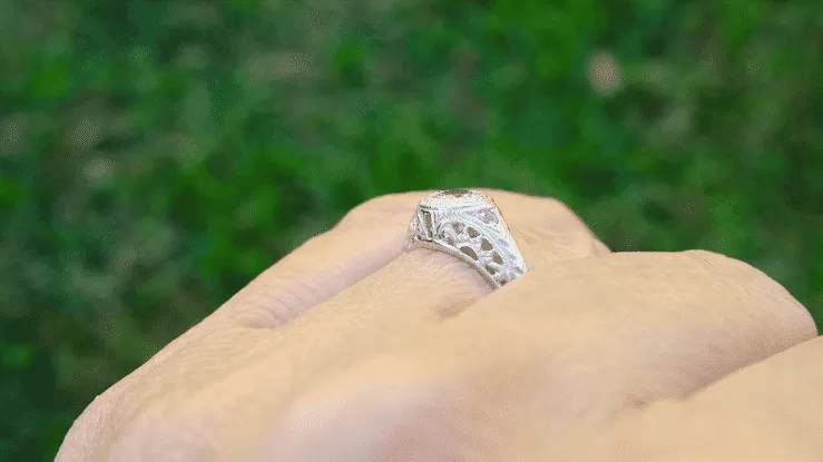 Art Deco Engraved Filigree White Sapphire Engagement Ring in Platinum