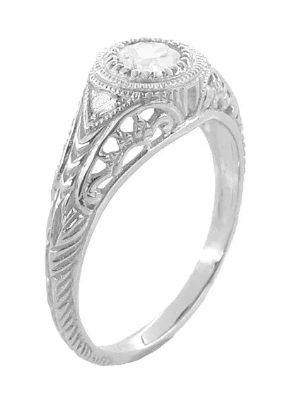Art Deco Engraved Filigree White Sapphire Engagement Ring in Platinum