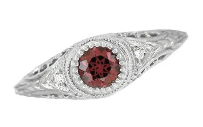 Art Deco Engraved Rhodolite Garnet and Diamond Filigree Engagement Ring in White Gold