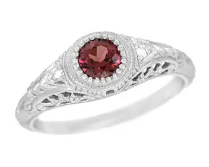 Art Deco Engraved Rhodolite Garnet and Diamond Filigree Engagement Ring in White Gold