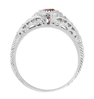Art Deco Engraved Rhodolite Garnet and Diamond Filigree Engagement Ring in White Gold
