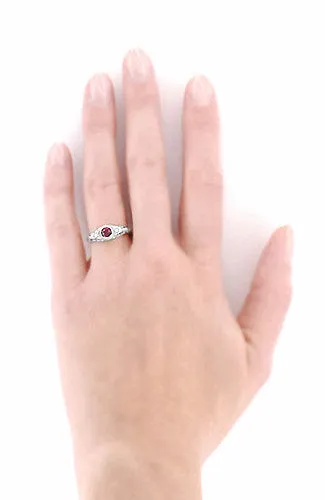 Art Deco Engraved Rhodolite Garnet and Diamond Filigree Engagement Ring in White Gold