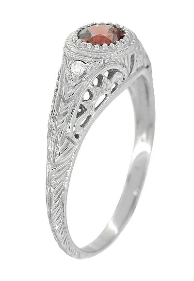 Art Deco Engraved Rhodolite Garnet and Diamond Filigree Engagement Ring in White Gold