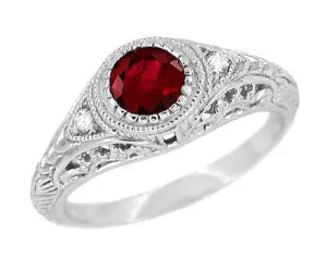 Art Deco Engraved Ruby and Diamond Filigree Engagement Ring in White Gold