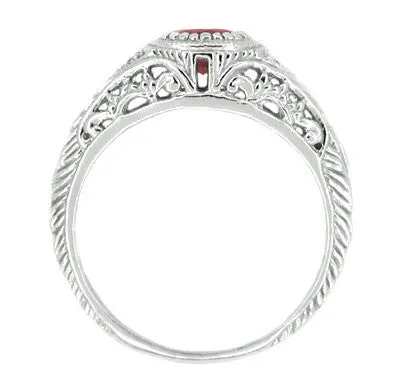 Art Deco Engraved Ruby and Diamond Filigree Engagement Ring in White Gold