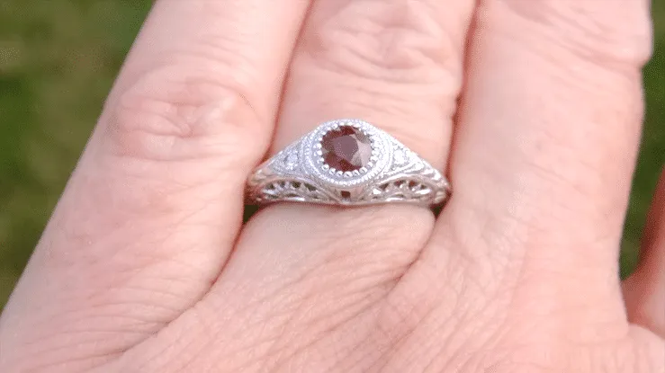 Art Deco Engraved Ruby and Diamond Filigree Engagement Ring in White Gold