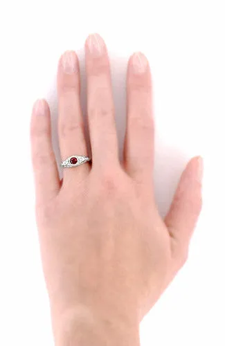 Art Deco Engraved Ruby and Diamond Filigree Engagement Ring in White Gold
