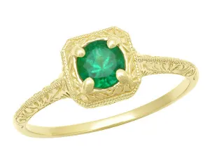 Art Deco Engraved Scrolls 14 Karat Yellow Gold Filigree Emerald Engagement Ring