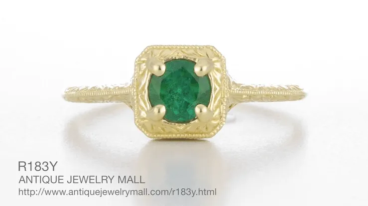 Art Deco Engraved Scrolls 14 Karat Yellow Gold Filigree Emerald Engagement Ring