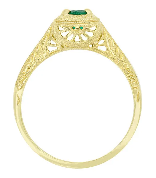 Art Deco Engraved Scrolls 14 Karat Yellow Gold Filigree Emerald Engagement Ring