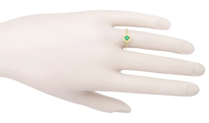 Art Deco Engraved Scrolls 14 Karat Yellow Gold Filigree Emerald Engagement Ring