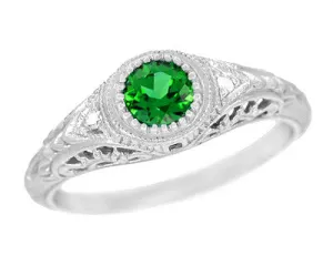 Art Deco Engraved Tsavorite Garnet and Diamond Filigree Engagement Ring in White Gold