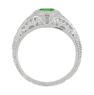 Art Deco Engraved Tsavorite Garnet and Diamond Filigree Engagement Ring in White Gold