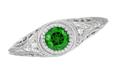 Art Deco Engraved Tsavorite Garnet and Diamond Filigree Engagement Ring in White Gold