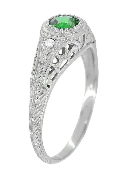 Art Deco Engraved Tsavorite Garnet and Diamond Filigree Engagement Ring in White Gold